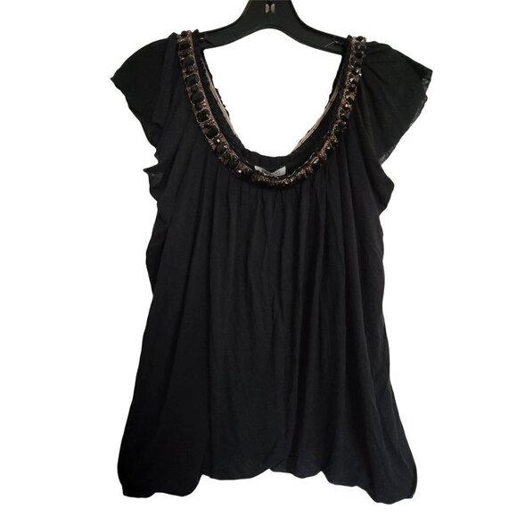NEW Bordeaux Jewel Beaded Embroidered Scoop Boat Neck Flutter Sleeve Blouse Sm - Picture 1 of 13